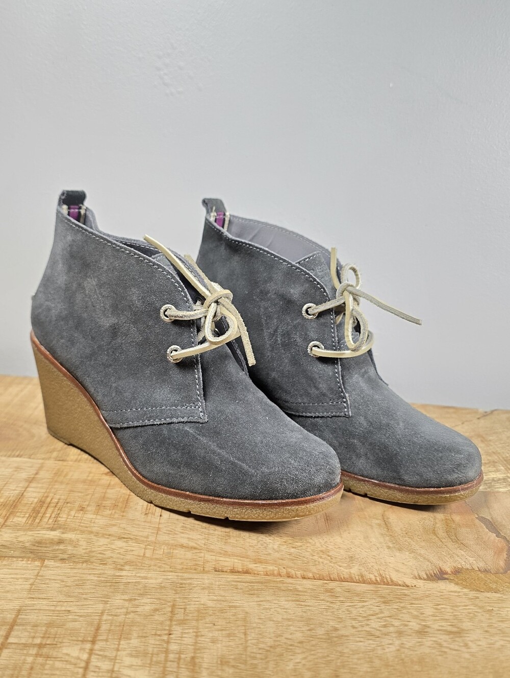 Sperry Gray Suede Lace-Up Wedge Heel Booties. Fall Style Preppy